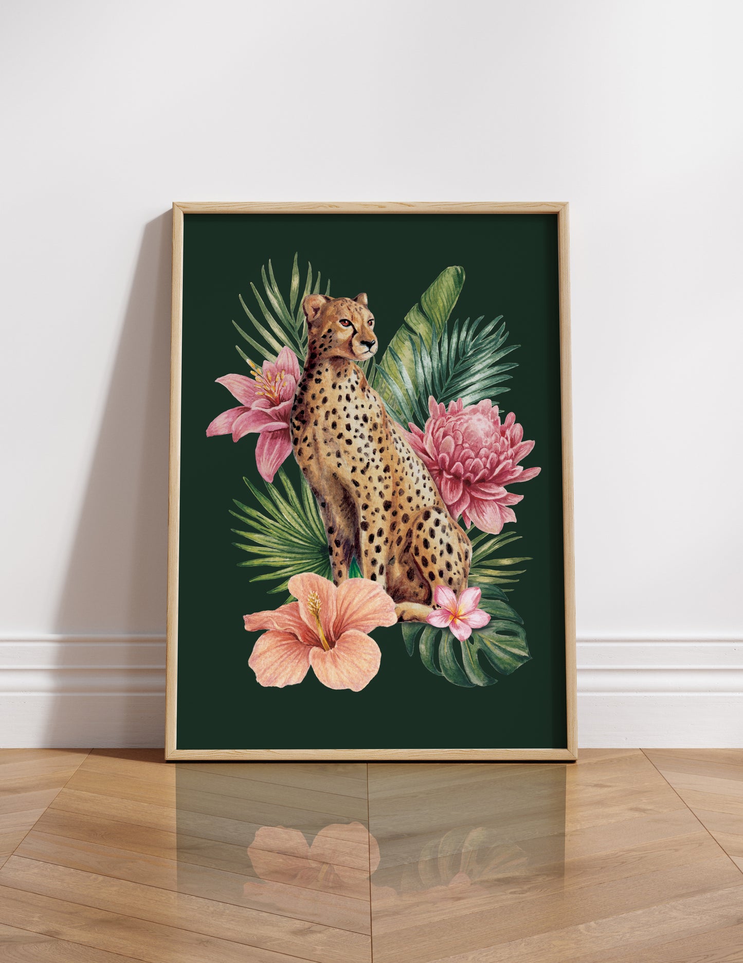 Framed artwork of a cheetah among tropical flowers on a green background