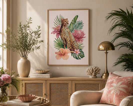 Living room with a cheetah and floral print, a lamp, and decorative items.