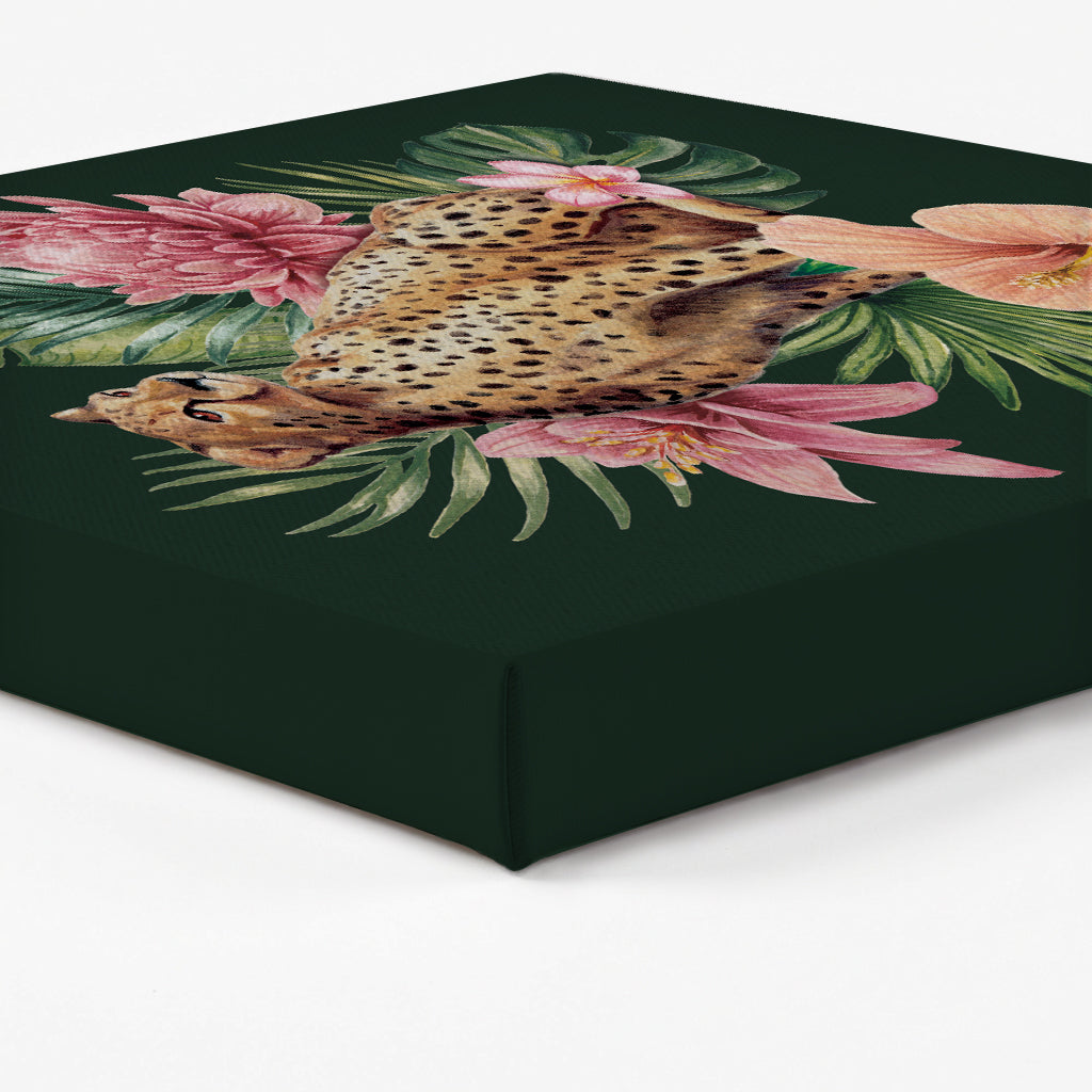 Edge of a canvas art print with a leopard and floral design on a green background