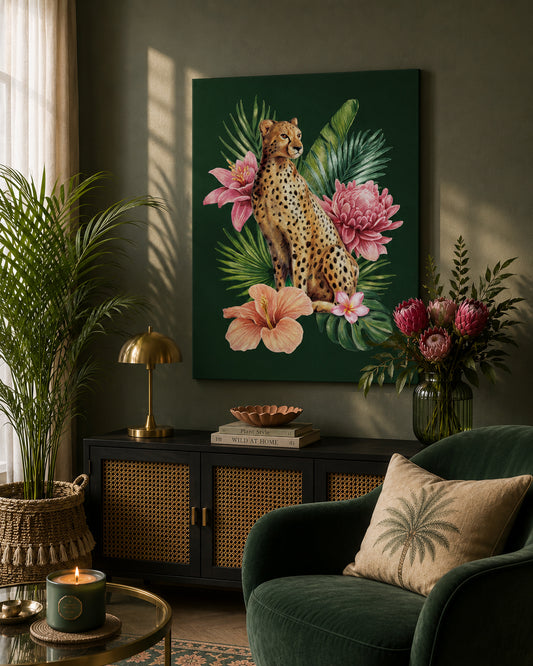 Living room with a cheetah and floral painting on the wall, green armchair, and decorative items.