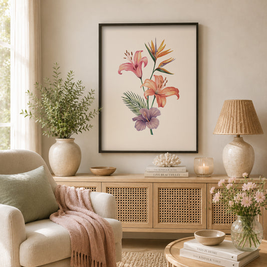 Living room with floral artwork, lamp, and decor items on a console table.
