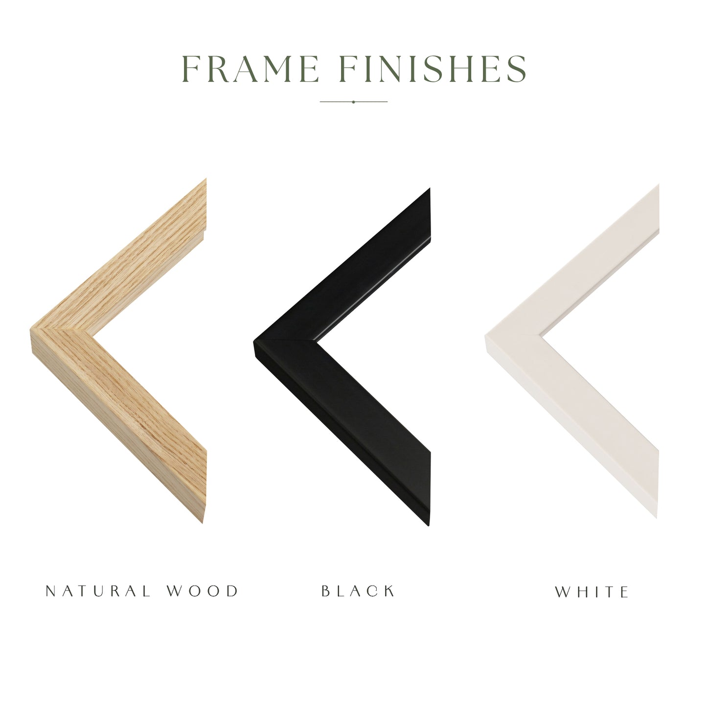 3 different corners of wooden frame in natural wood, black and white colour options
