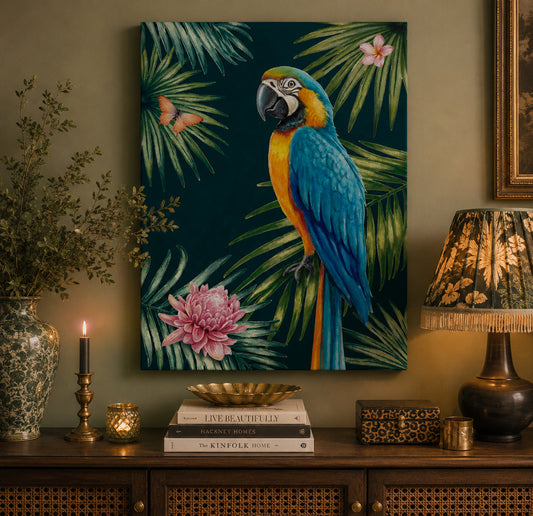 Canvas print of a parrot on a wall with decorative items below