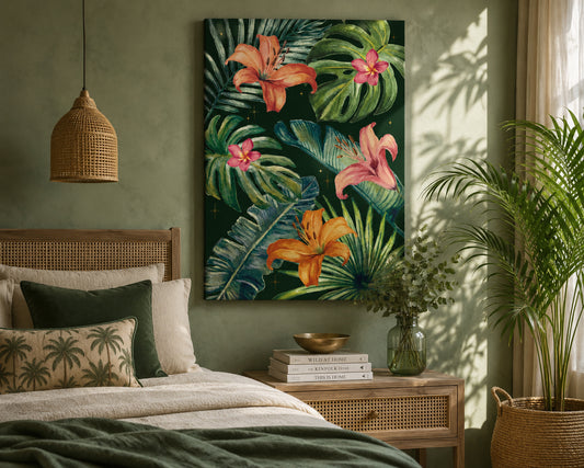 Bedroom with floral artwork on the wall, books, and a plant.