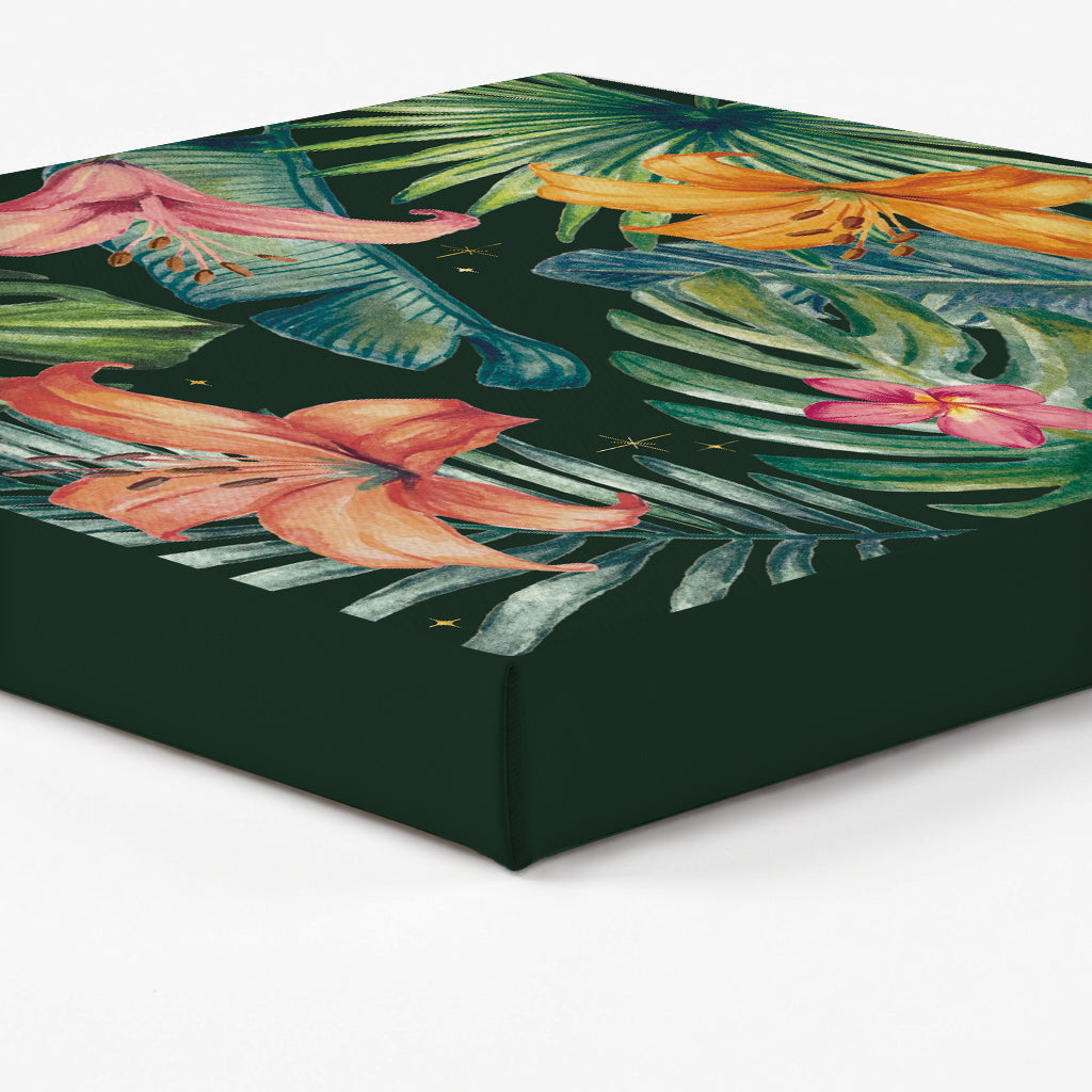 Edge of canvas print with tropical leaf and flower pattern on a dark green background