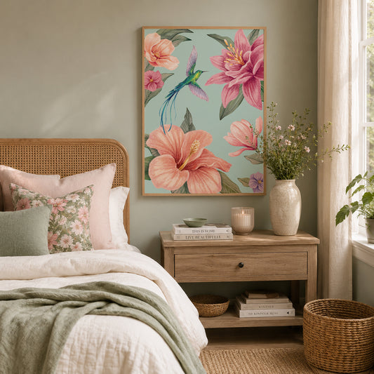 Bedroom with floral artwork, nightstand, and decorative items.