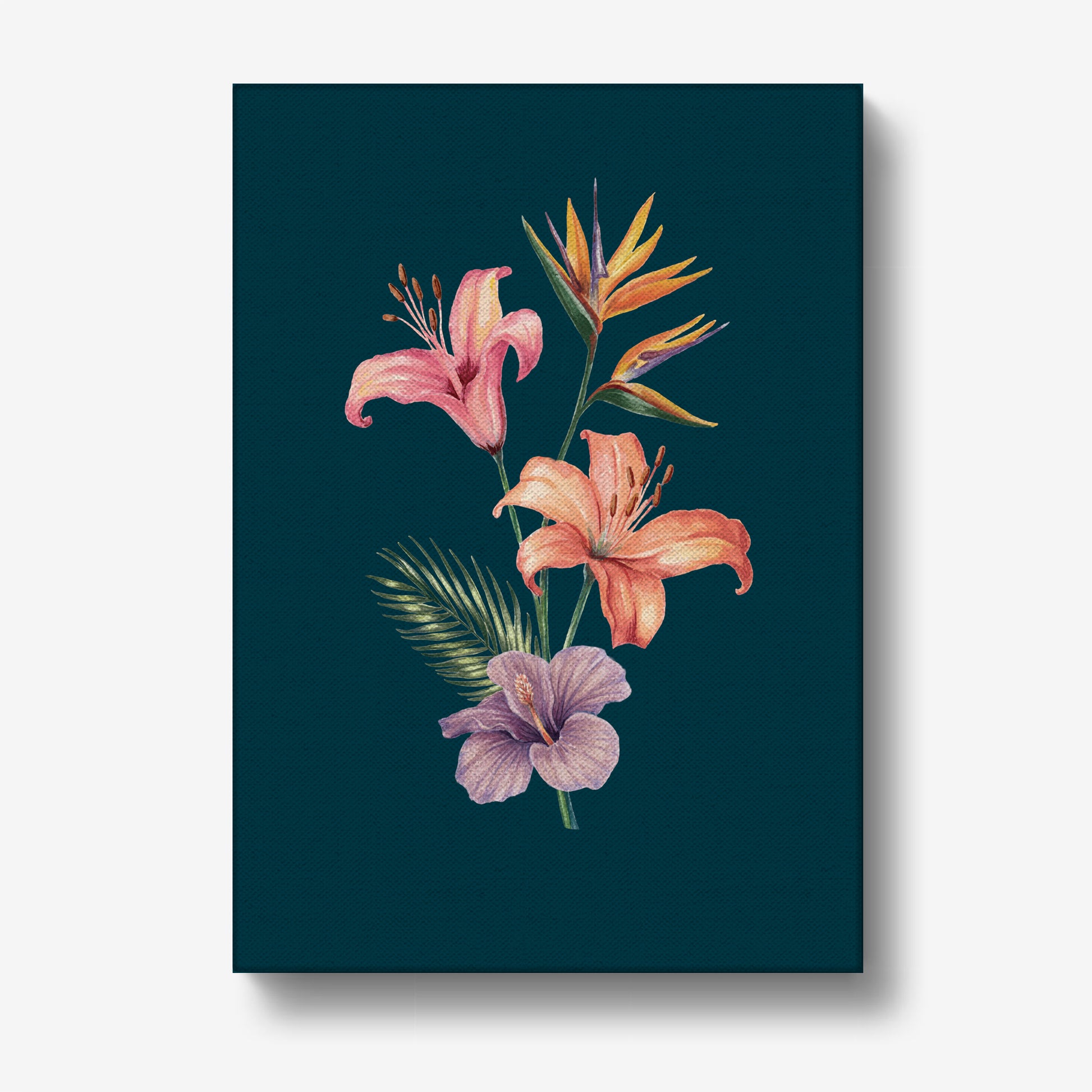 Floral canvas art print with pink, orange, and purple flowers on a dark blue background
