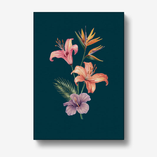 Floral canvas art print with pink, orange, and purple flowers on a dark blue background
