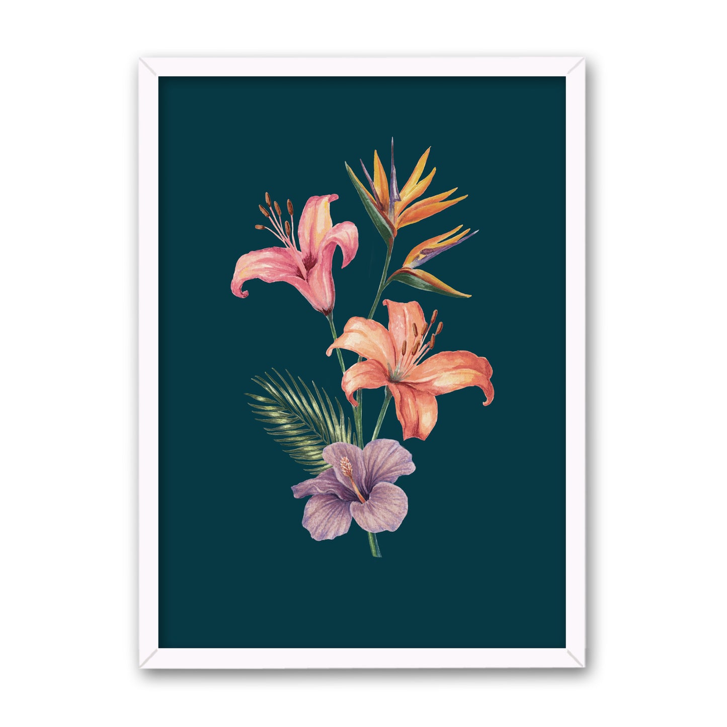 Framed artwork of pink, orange, and purple flowers on a dark blue background
