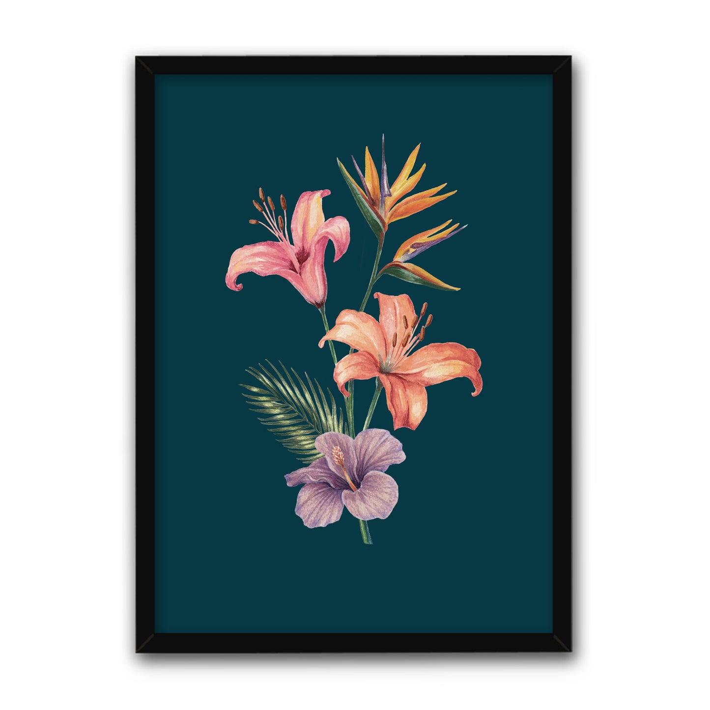 Framed artwork of tropical flowers on a dark blue background