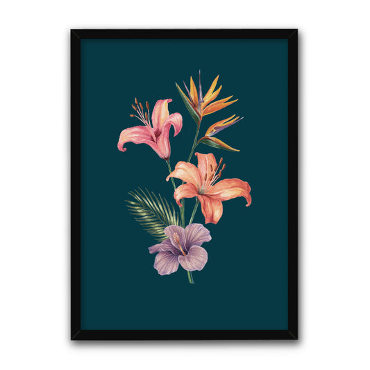 Framed artwork of tropical flowers on a dark blue background