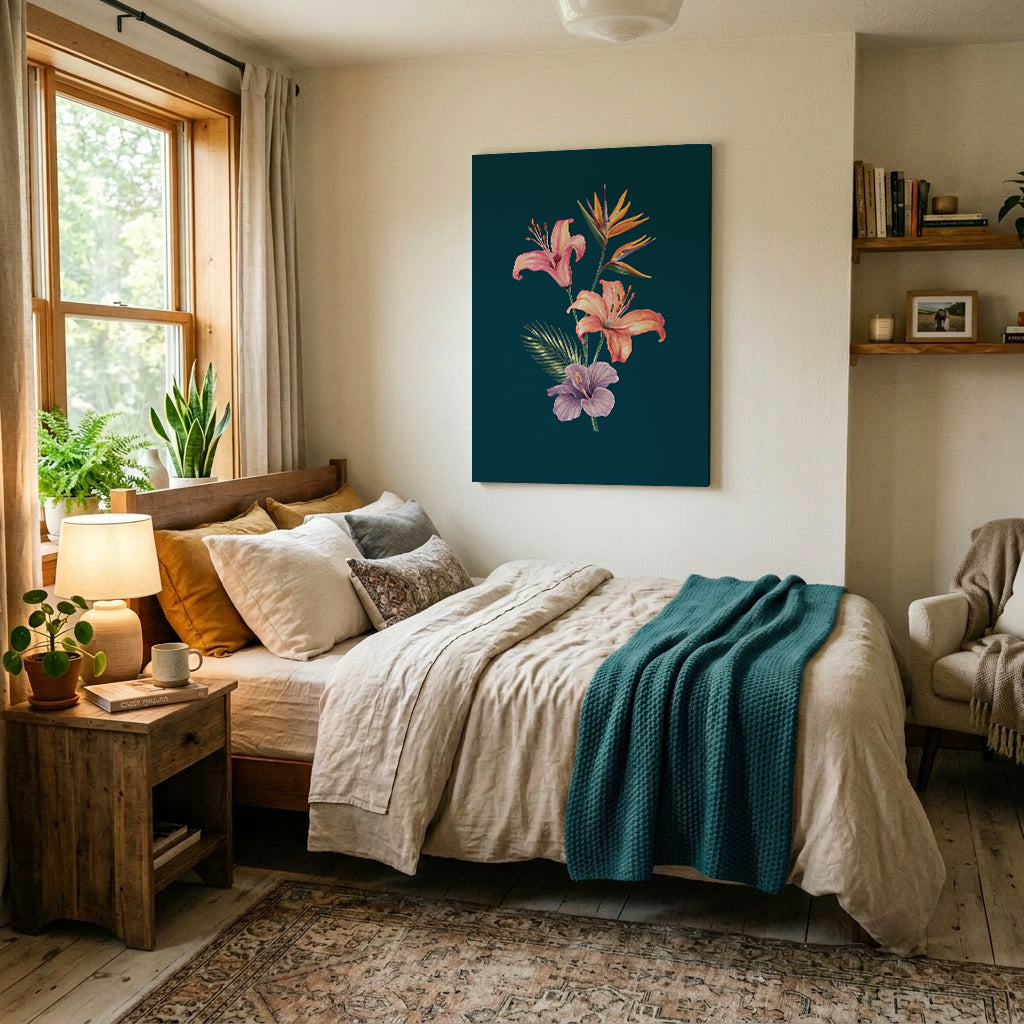Cozy bedroom with floral artwork on the wall, wooden nightstand, and armchair.