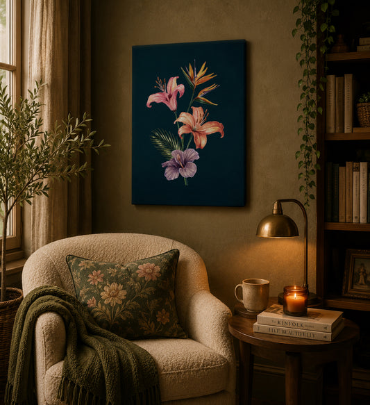 Cozy living room with a floral painting, armchair, and side table.