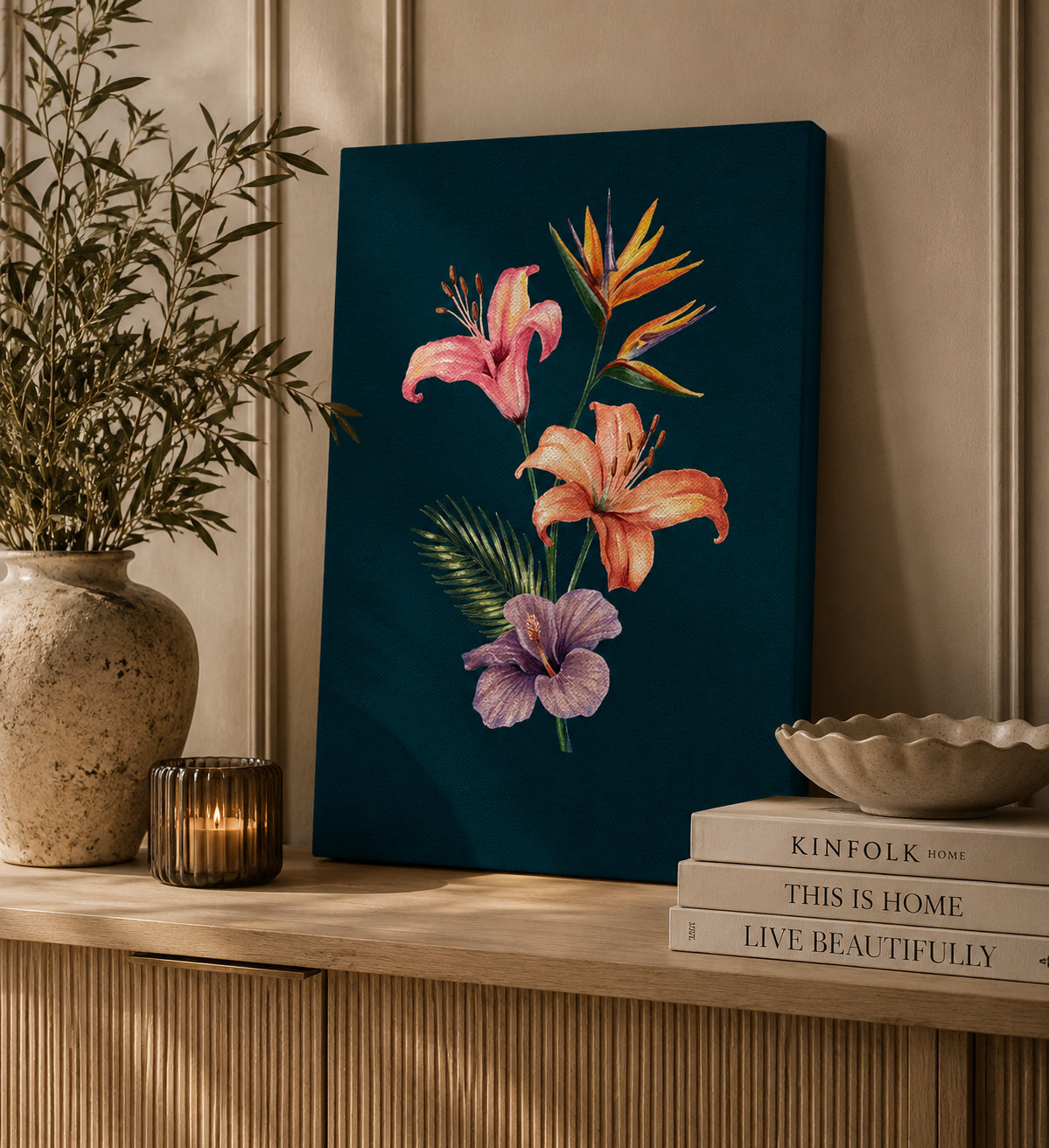 Floral painting on a wooden shelf with books and decor items.