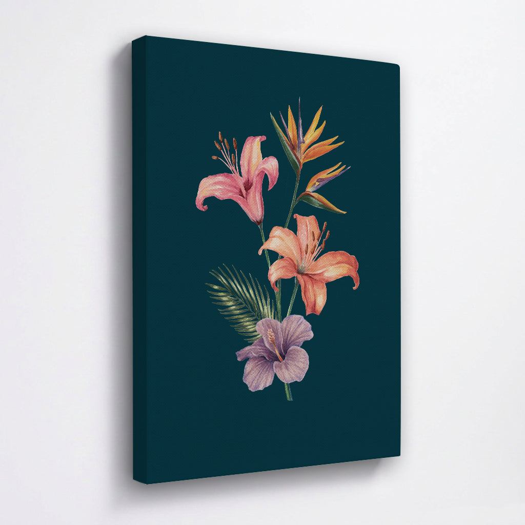 Canvas fine art print with a tropical floral bouquet on a dark blue background