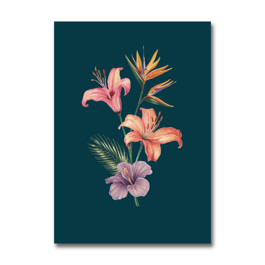 Floral design with pink, orange, and purple flowers on a dark blue background
