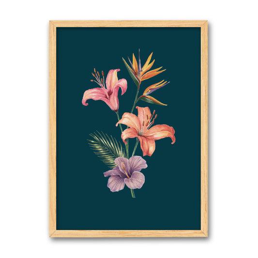 Framed artwork with pink and purple flowers on a dark blue background
