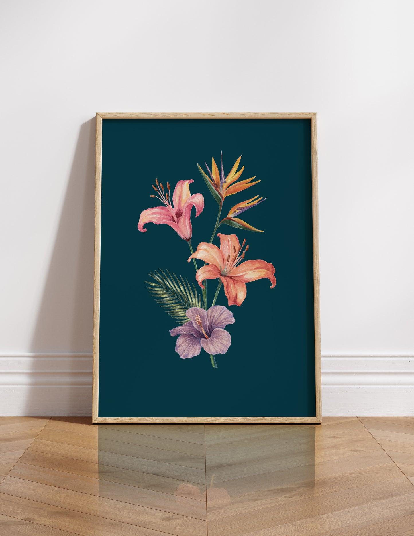 Framed floral artwork on a wooden stand against a white wall.
