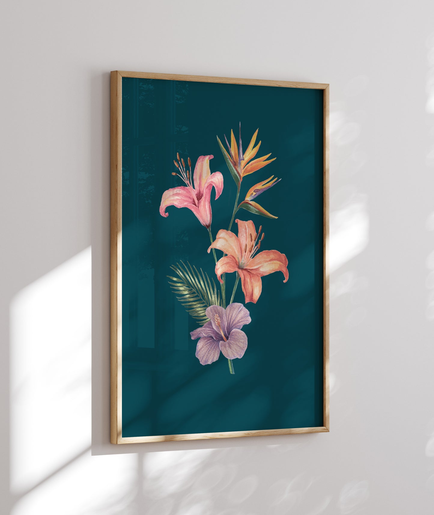 Framed artwork with floral design on a blue background
