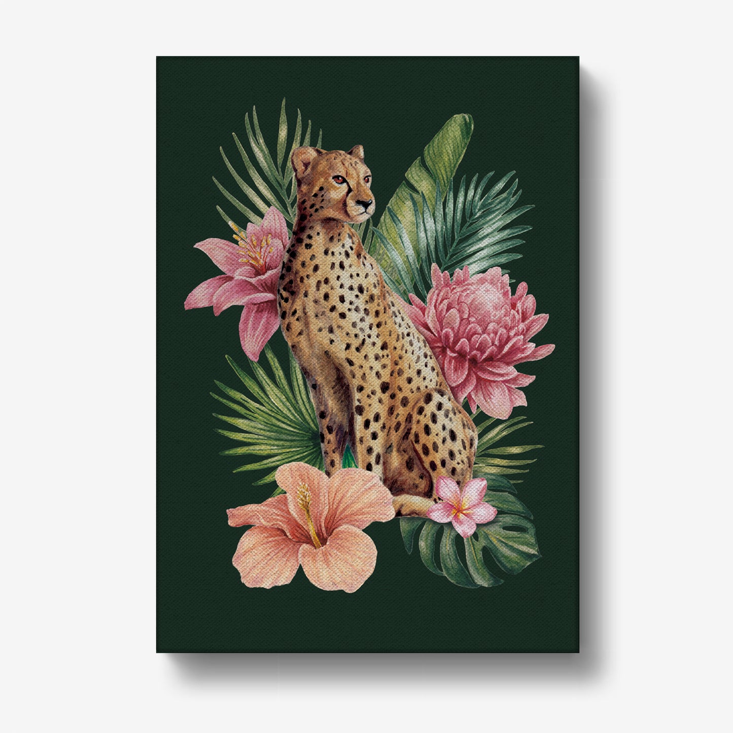 Canvas print with a cheetah surrounded by pink flowers and green leaves on a dark green background.