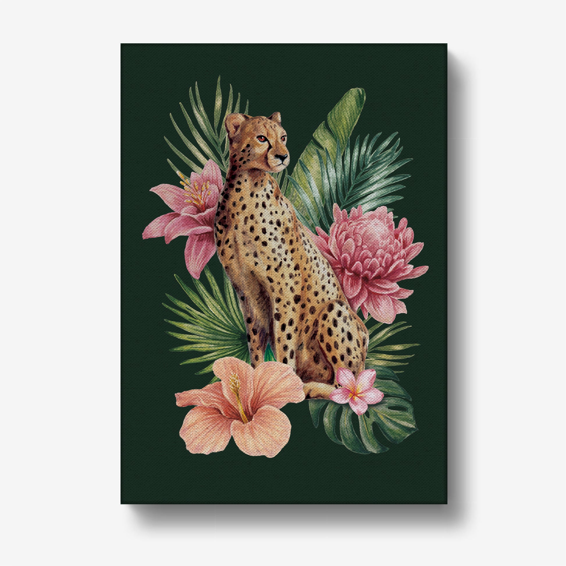 Canvas print with a cheetah surrounded by pink flowers and green leaves on a dark green background.
