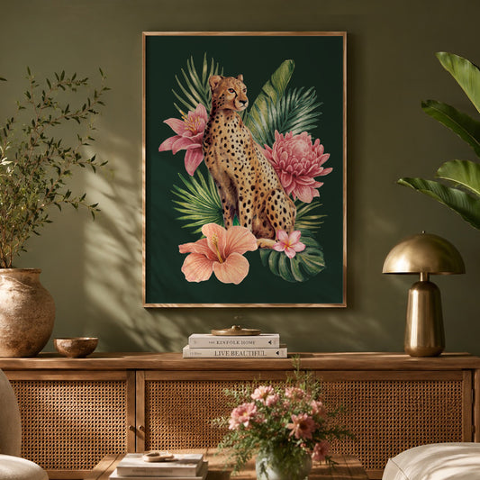 Framed artwork of a cheetah among flowers on a wall above a wooden console table.
