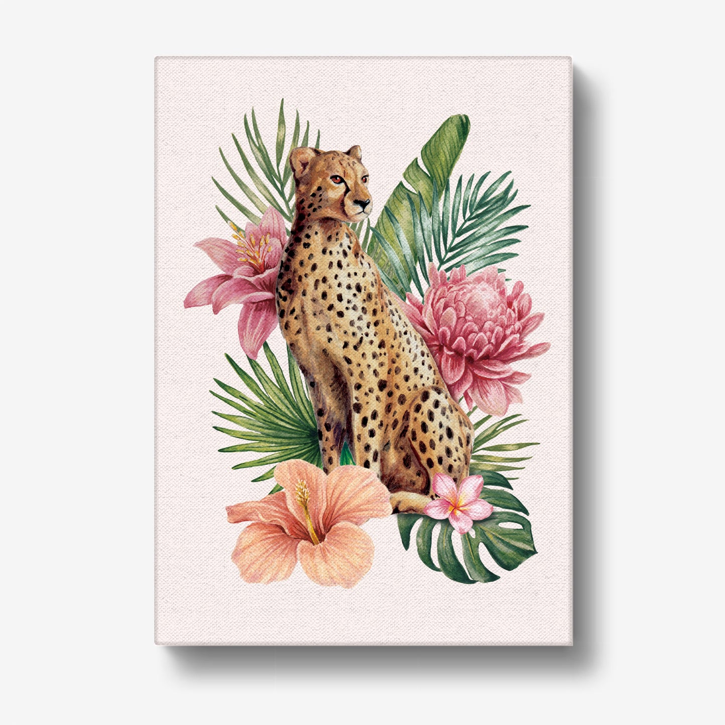 Canvas print with a cheetah surrounded by tropical flowers and leaves on a light pink background