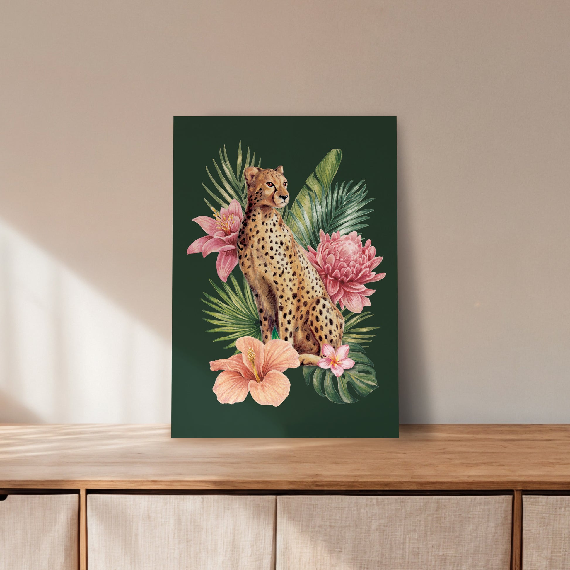 Art print with a cheetah and floral design on a wooden surface.