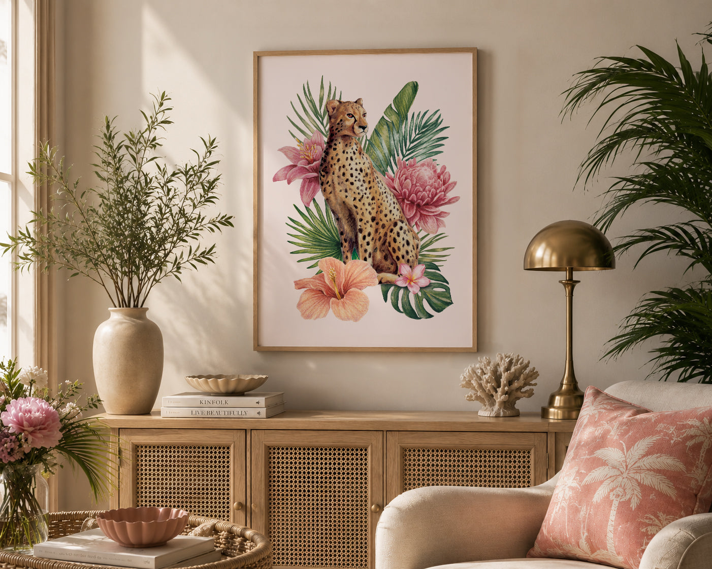 Living room with a cheetah and floral print, a lamp, and decorative items.