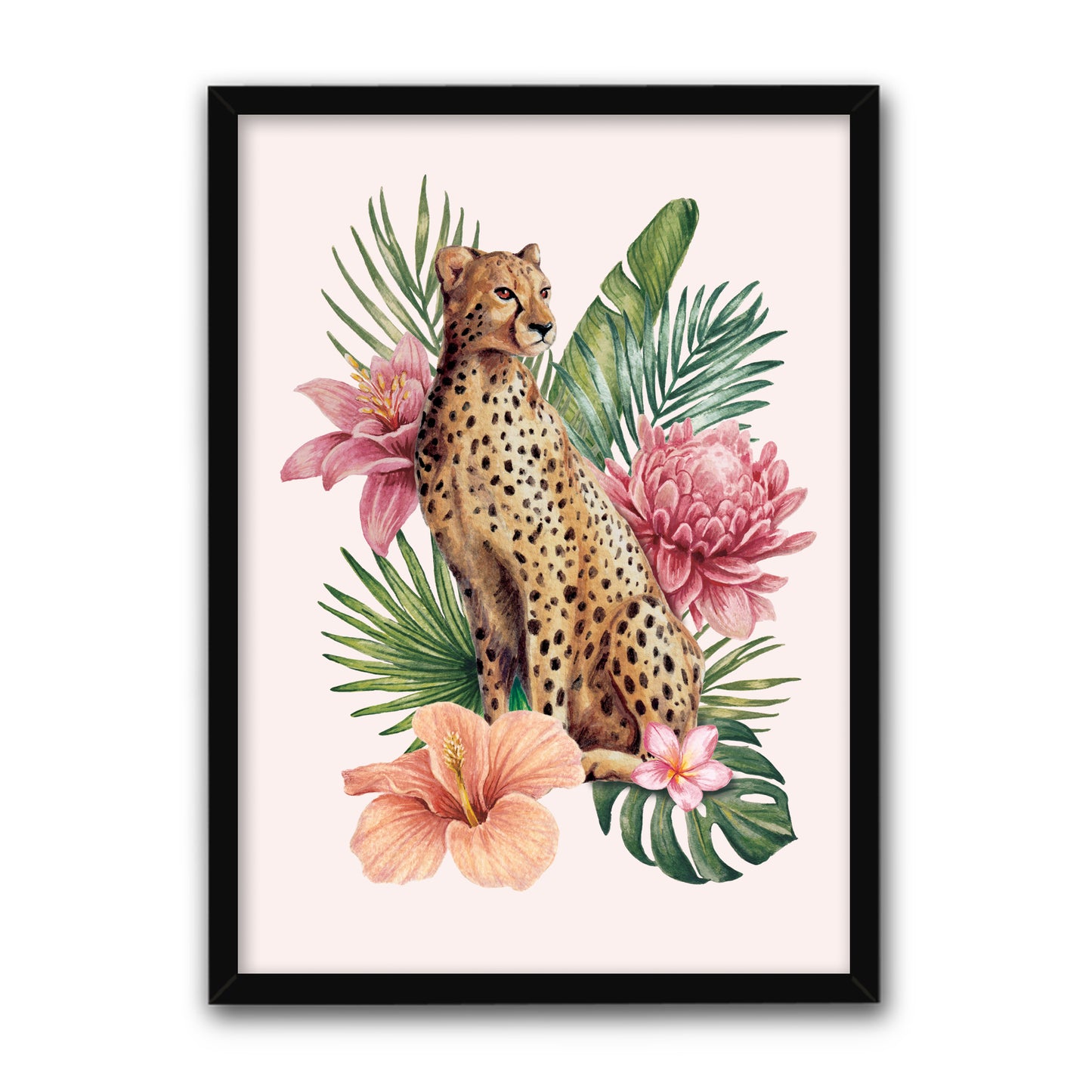 Framed artwork of a cheetah surrounded by tropical flowers and leaves on a light pink background.