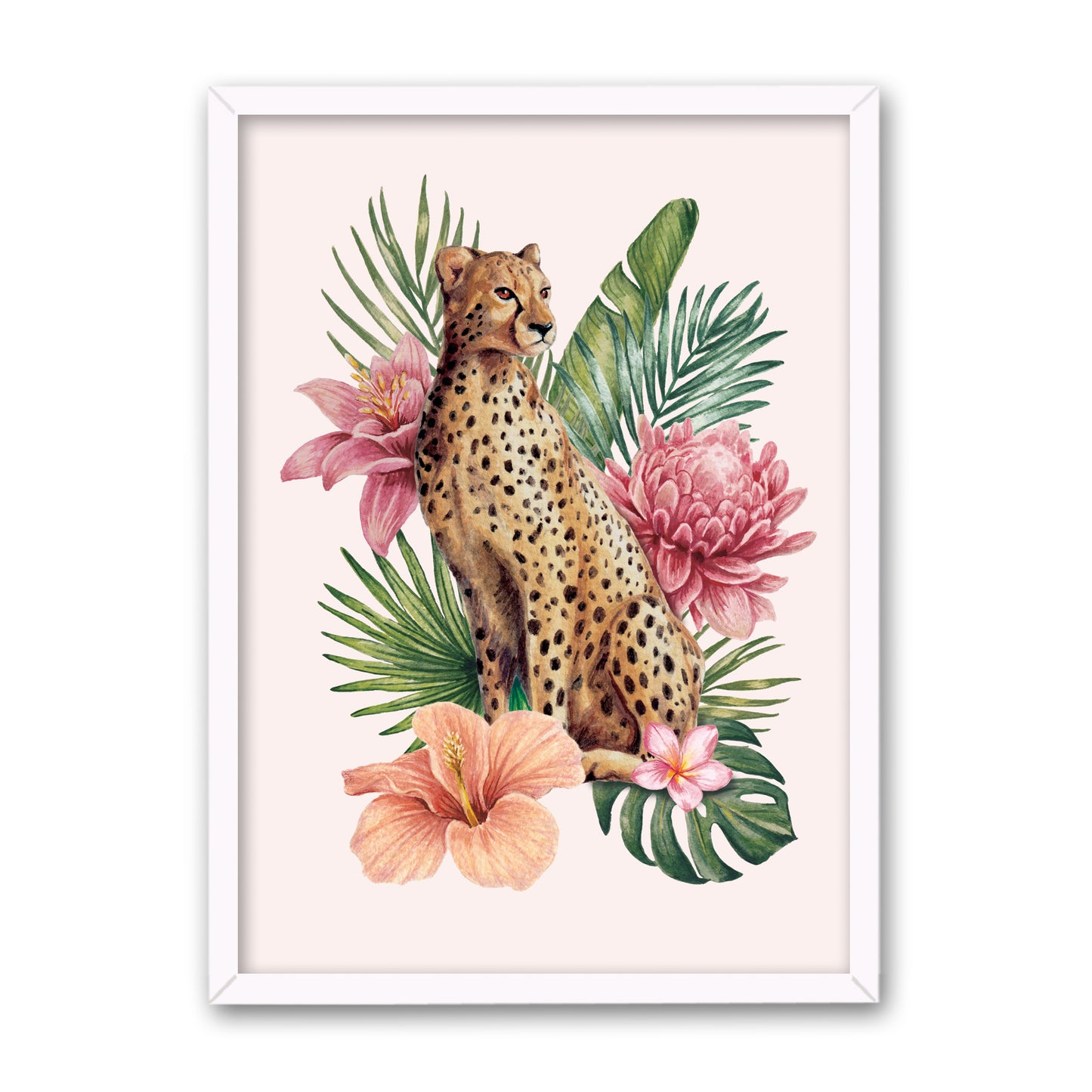 Framed artwork of a cheetah surrounded by tropical flowers and leaves on a white background