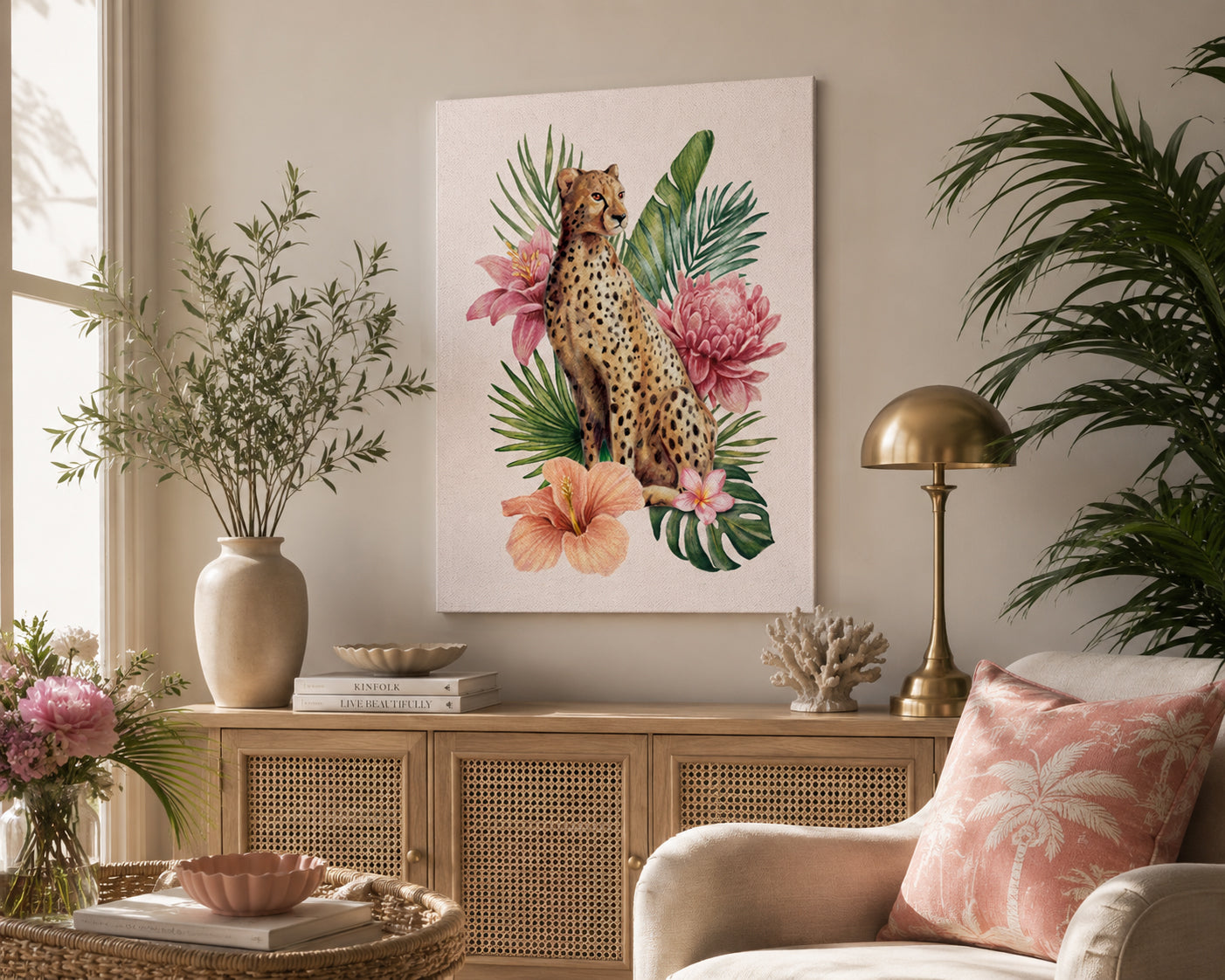 Living room with a cheetah and floral painting on the wall, a lamp, and decorative items.