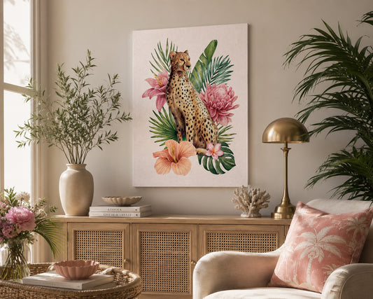 Living room with a cheetah and floral painting on the wall, a lamp, and decorative items.