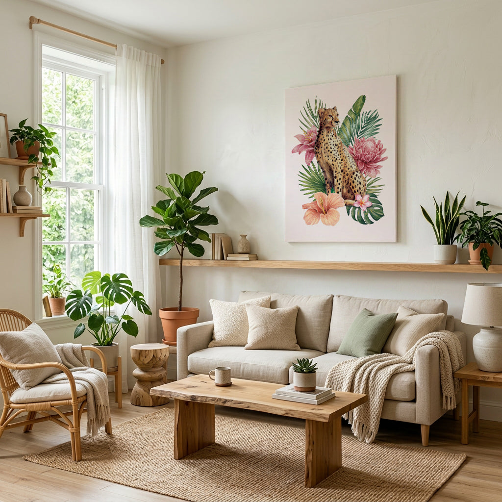 Cozy living room with a cheetah stretched canvas on the wall, beige sofa, wooden coffee table, and decorative plants.