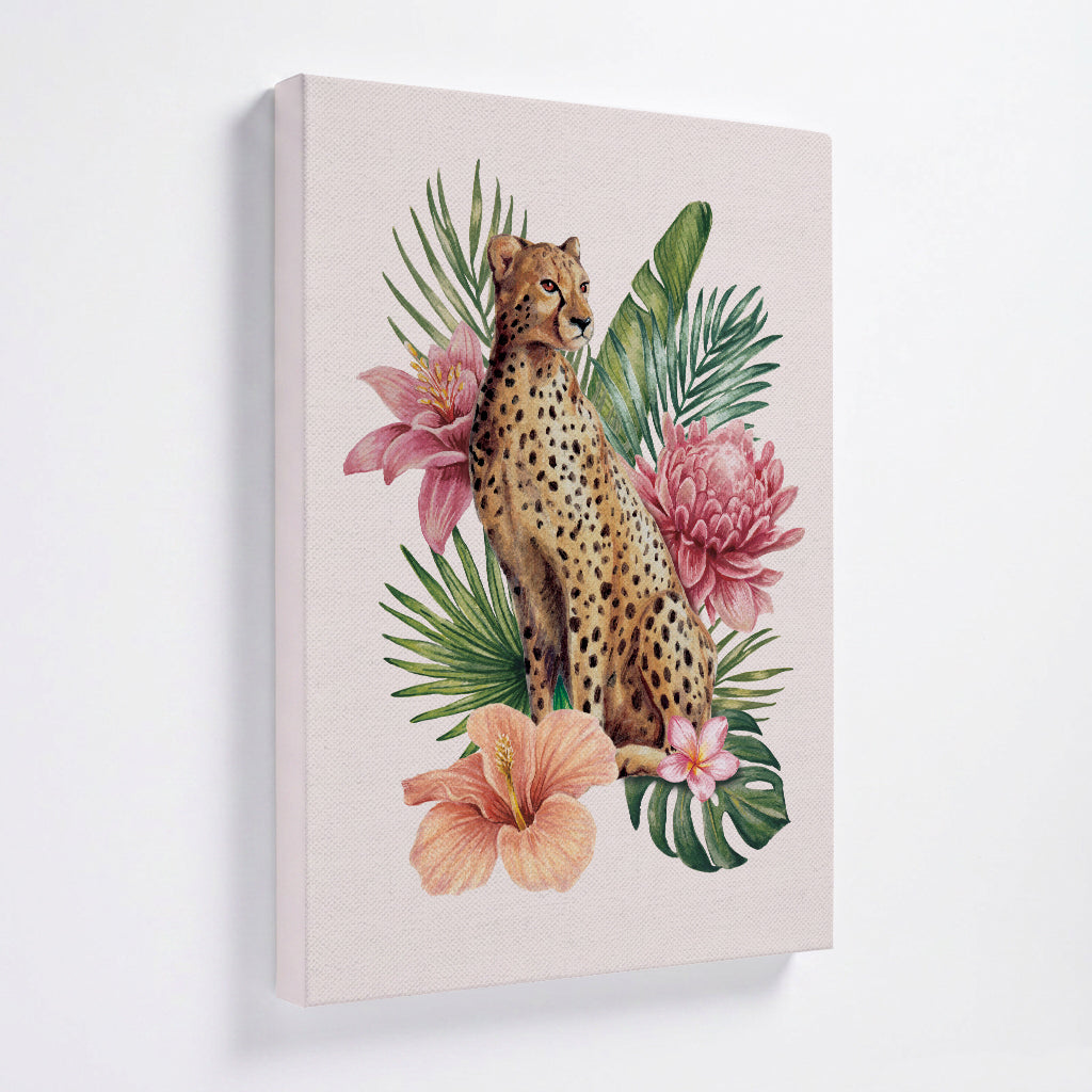 Canvas print with a cheetah surrounded by tropical flowers and leaves on a light background