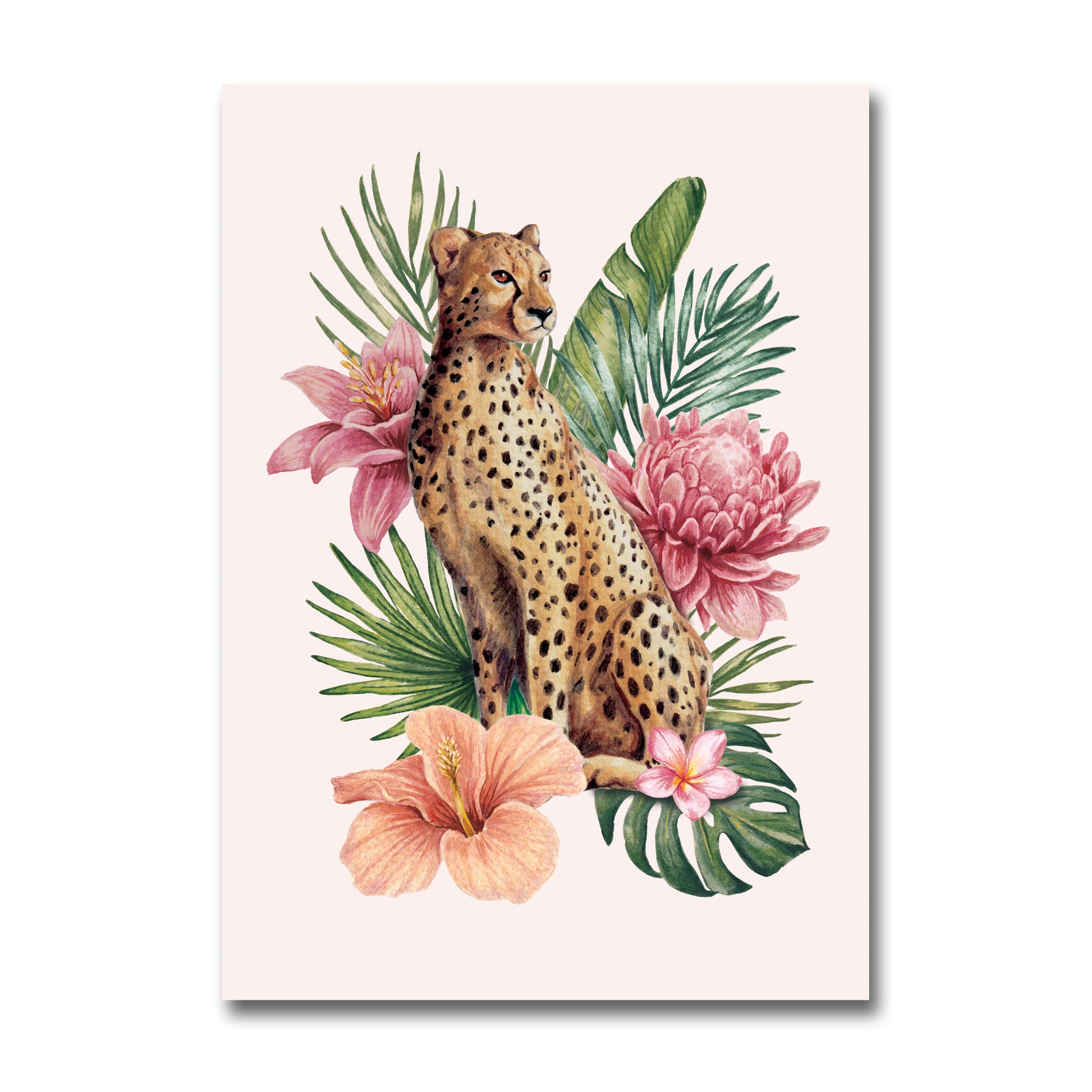 Illustration of a cheetah surrounded by tropical flowers and leaves on a light pink background
