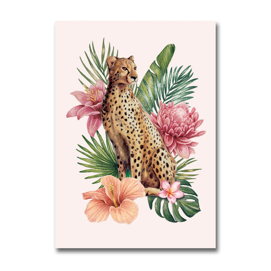 Illustration of a cheetah surrounded by tropical flowers and leaves on a light pink background