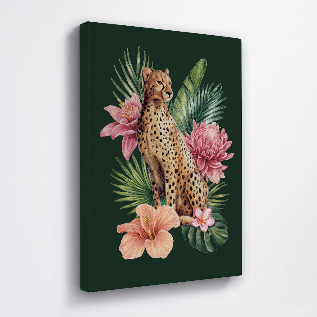 Canvas print with a cheetah surrounded by pink flowers and green leaves on a dark green background.