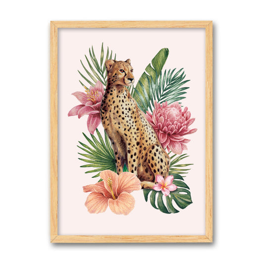 Framed artwork of a cheetah surrounded by tropical flowers and leaves on a white background