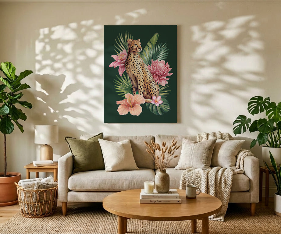Living room with a cheetah and floral painting on the wall, beige sofa, and wooden coffee table.