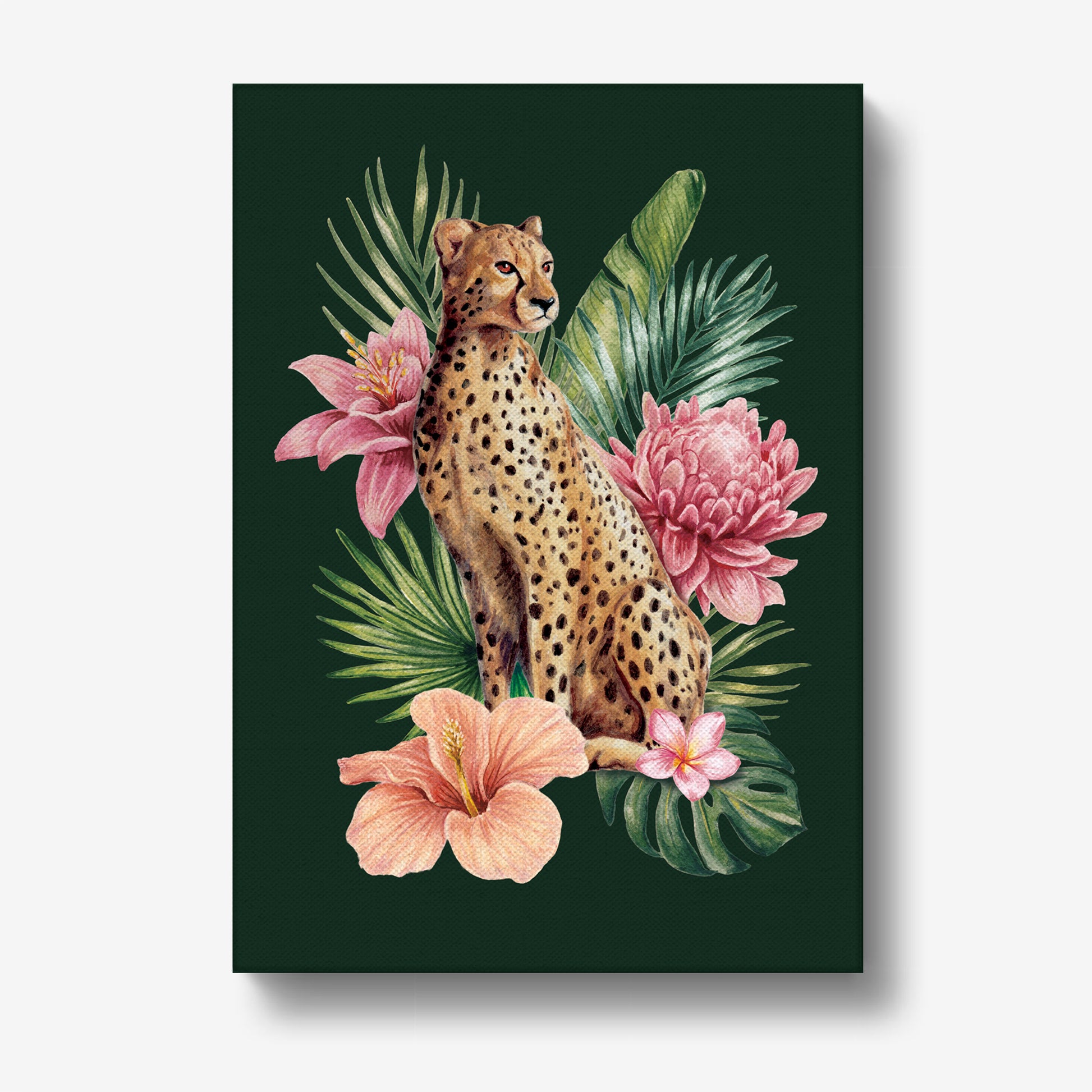 Canvas print with a cheetah surrounded by pink flowers and green leaves on a dark green background