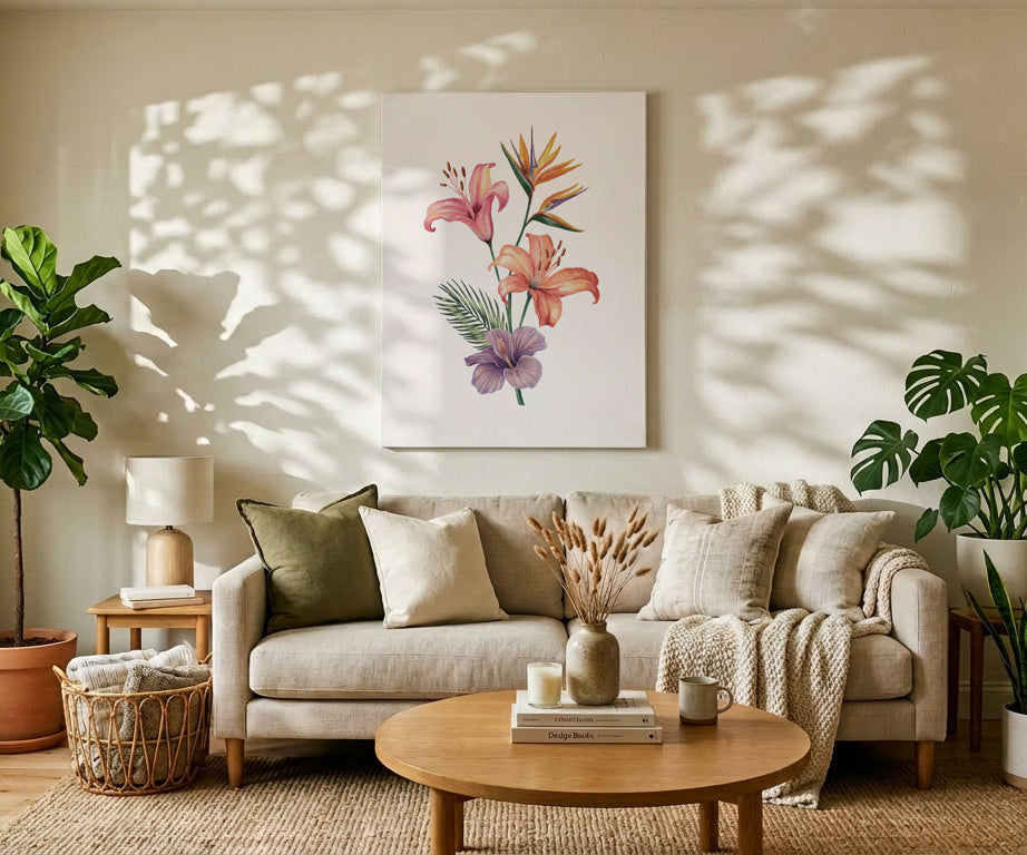 Living room with a tropical floral canvas art print on the wall, beige sofa, coffee table, and decorative elements.