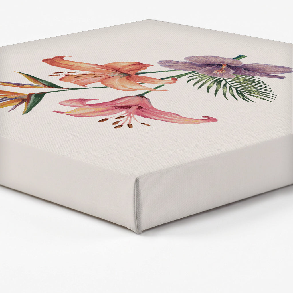 Edge of a canvas art print with floral design on a white background