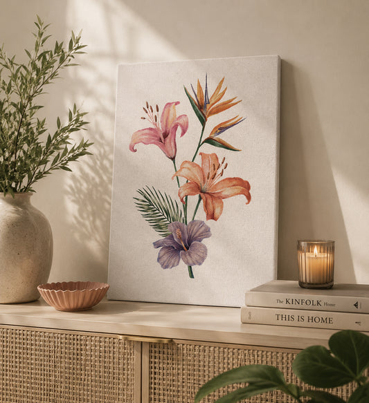 Floral painting on a wall with decorative items like books and a candle.