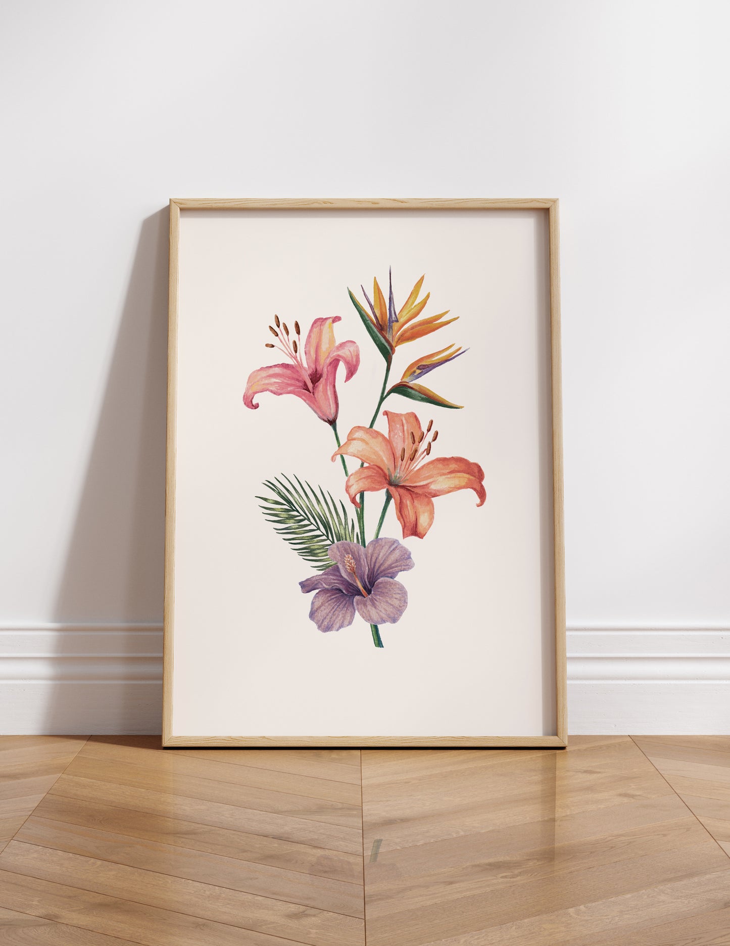 Framed floral print on a white wall with wooden floor