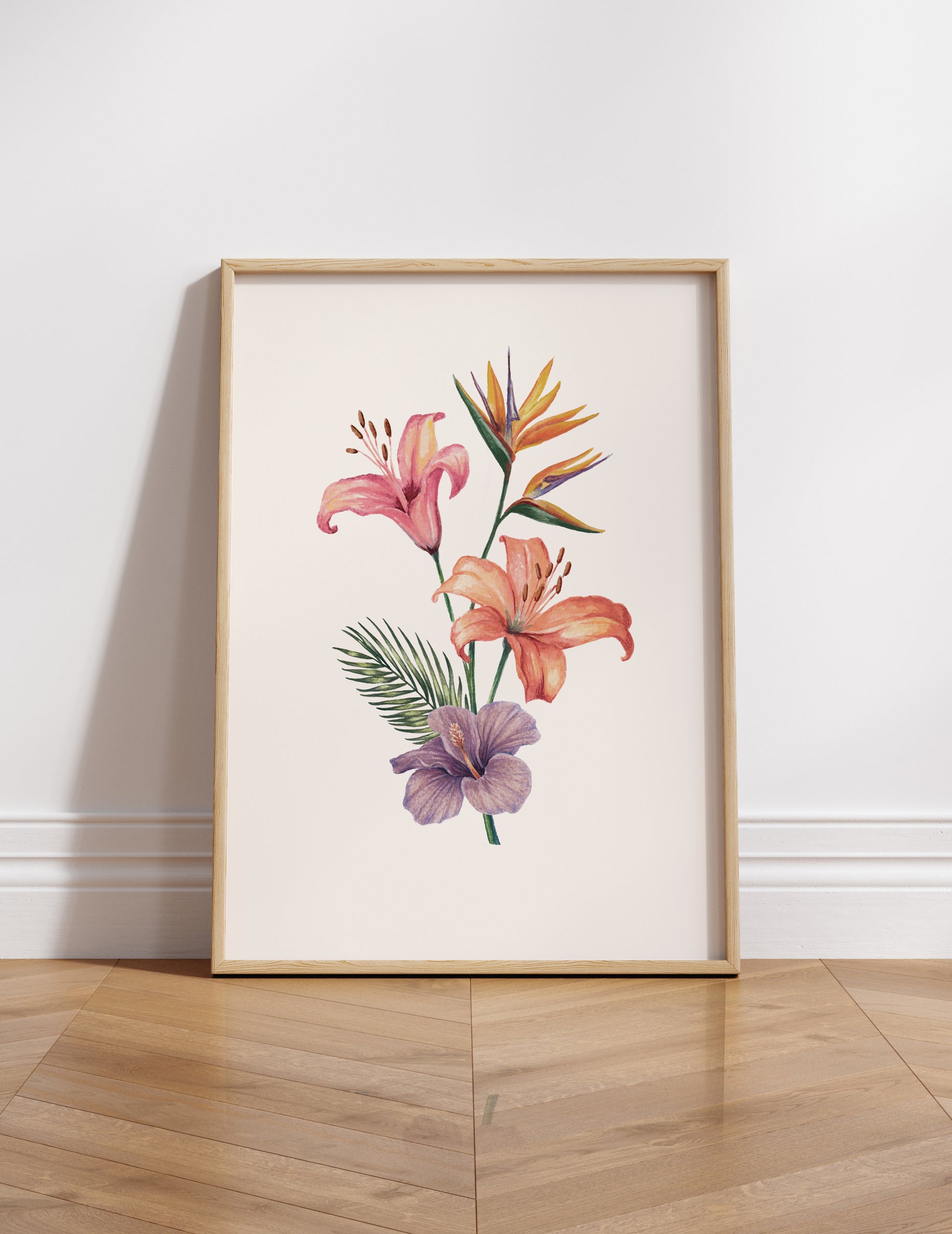 Framed floral print on a white wall with wooden floor