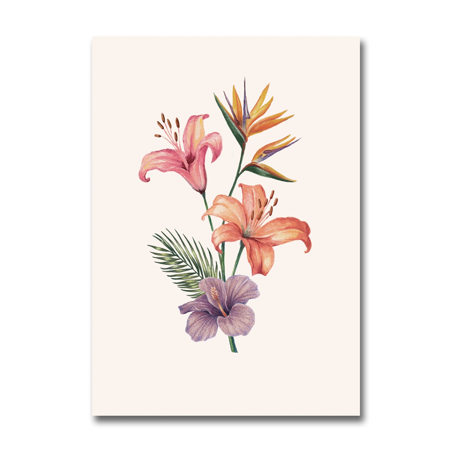 Floral painting with pink, orange, and purple flowers on a beige background