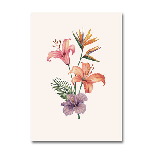 Floral painting with pink, orange, and purple flowers on a beige background
