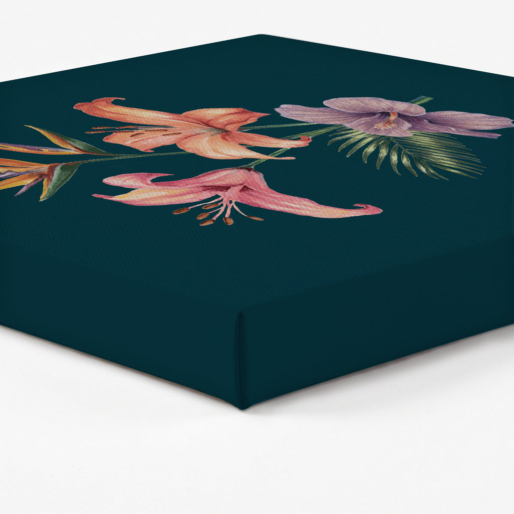 Edge of a canvas art print with floral art with pink and purple flowers on a dark blue background