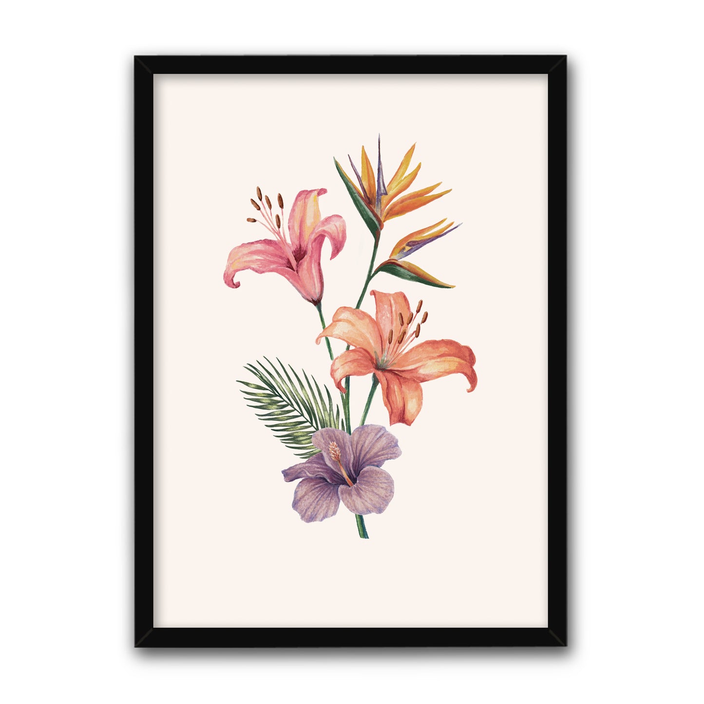 Framed artwork of colorful flowers on a beige background
